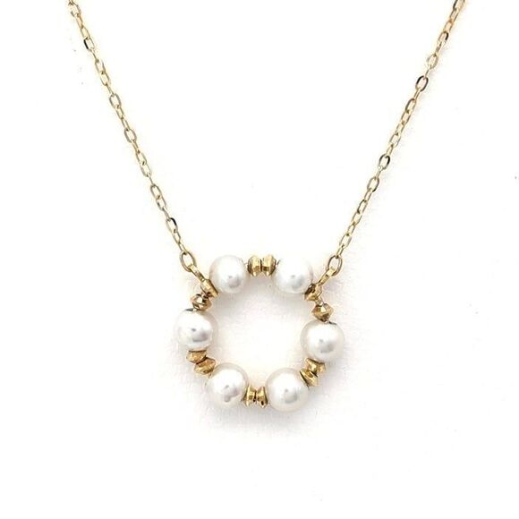 Circle Pendant Chain Necklace Freshwater Pearls 18K Solid Gold Yellow White Rose